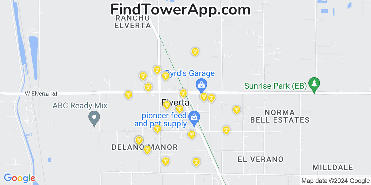 AT&T 4G/5G cell tower coverage map Elverta, California