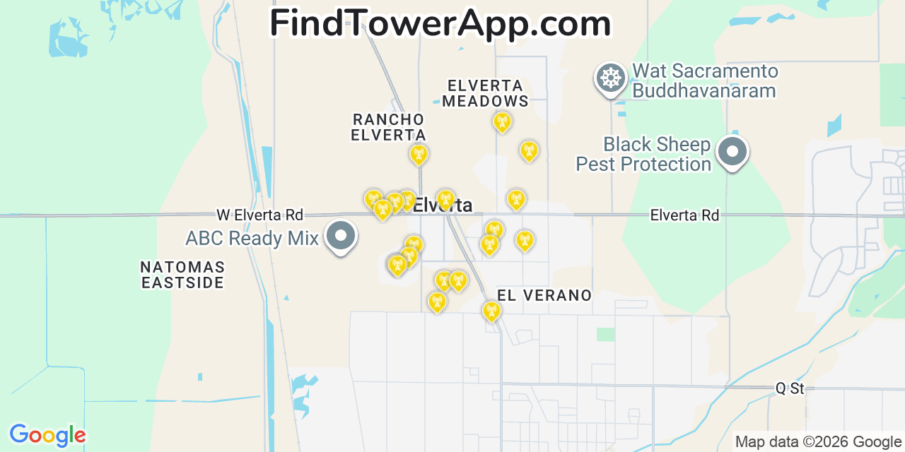Map showing the 20 primary cell tower locations detected in Elverta, California from AT&T, Verizon, and T-Mobile networks