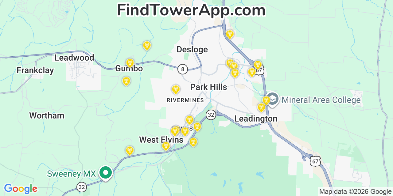 Map showing the 20 primary cell tower locations detected in Elvins, Missouri from AT&T, Verizon, and T-Mobile networks