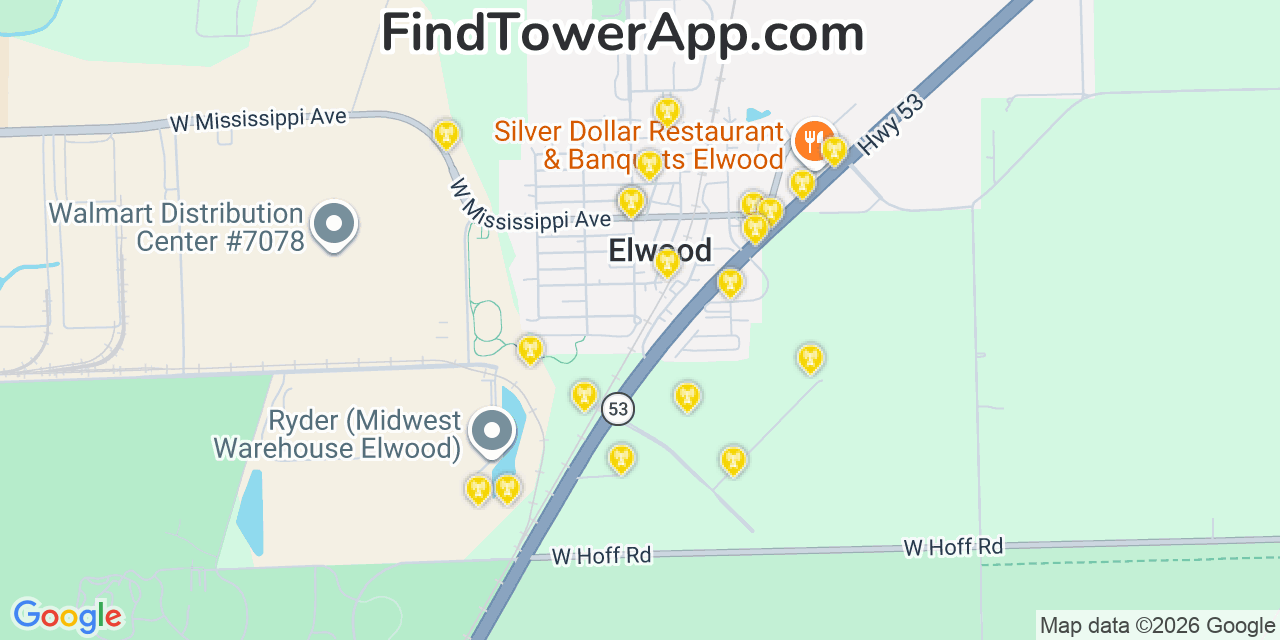 Map showing the 20 primary cell tower locations detected in Elwood, Illinois from AT&T, Verizon, and T-Mobile networks