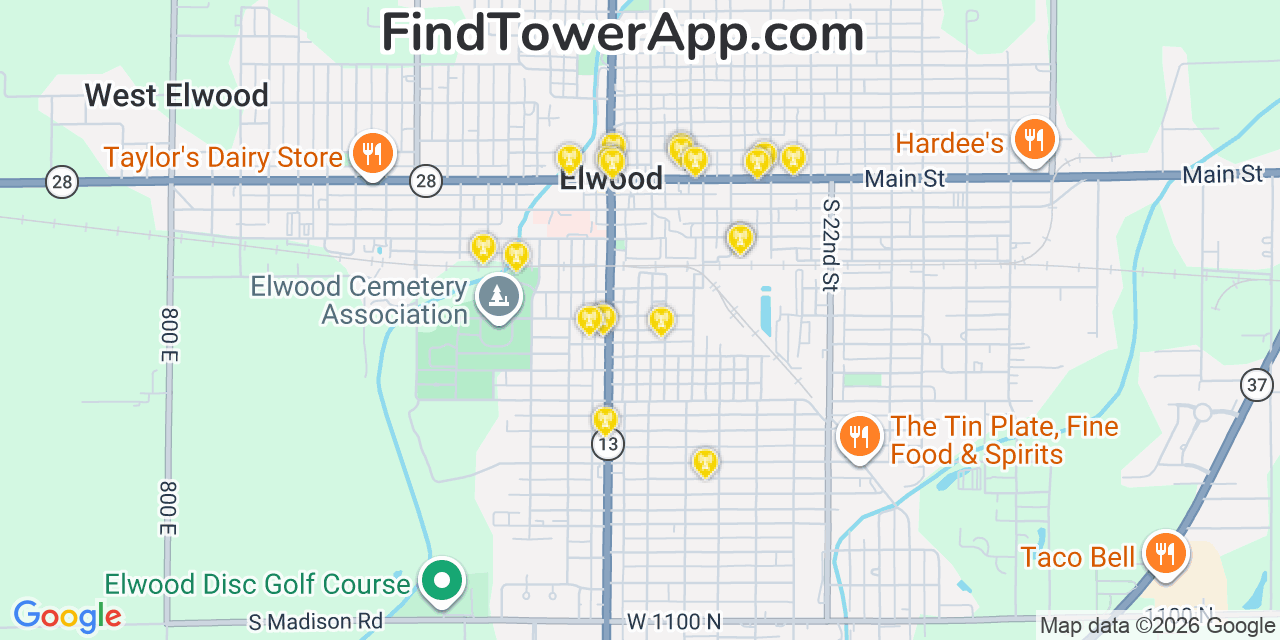 Map showing the 20 primary cell tower locations detected in Elwood, Indiana from AT&T, Verizon, and T-Mobile networks