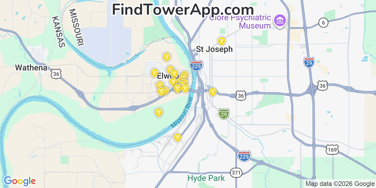 Map showing the 20 primary cell tower locations detected in Elwood, Kansas from AT&T, Verizon, and T-Mobile networks