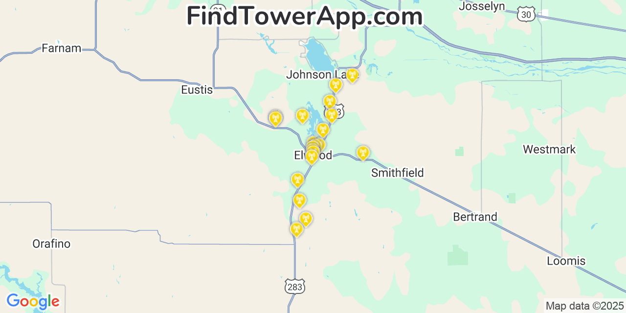 Map showing the 20 primary cell tower locations detected in Elwood, Nebraska from AT&T, Verizon, and T-Mobile networks