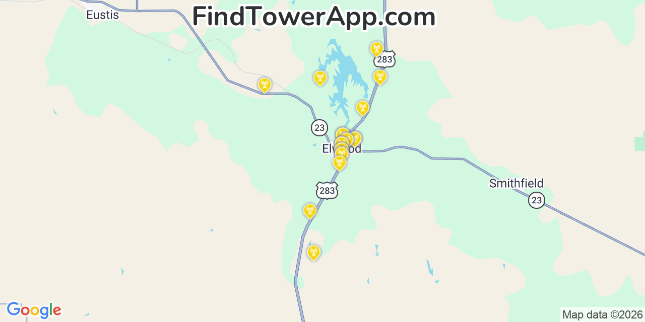 Map showing the 20 primary cell tower locations detected in Elwood, Nebraska from AT&T, Verizon, and T-Mobile networks
