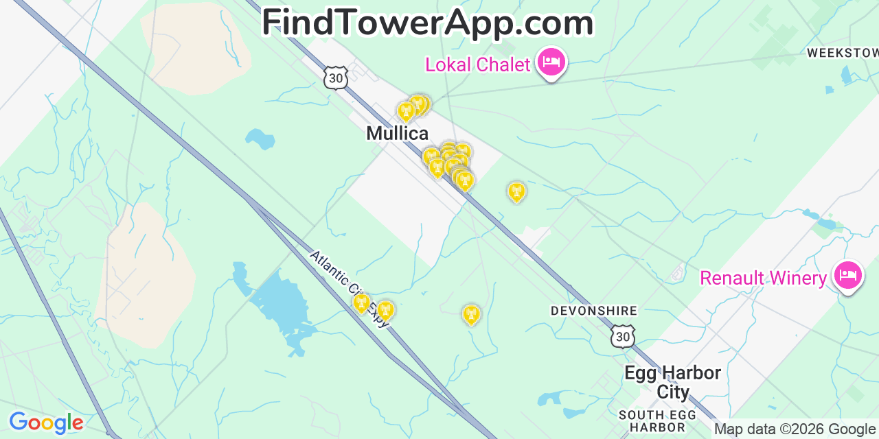Map showing the 20 primary cell tower locations detected in Elwood, New Jersey from AT&T, Verizon, and T-Mobile networks