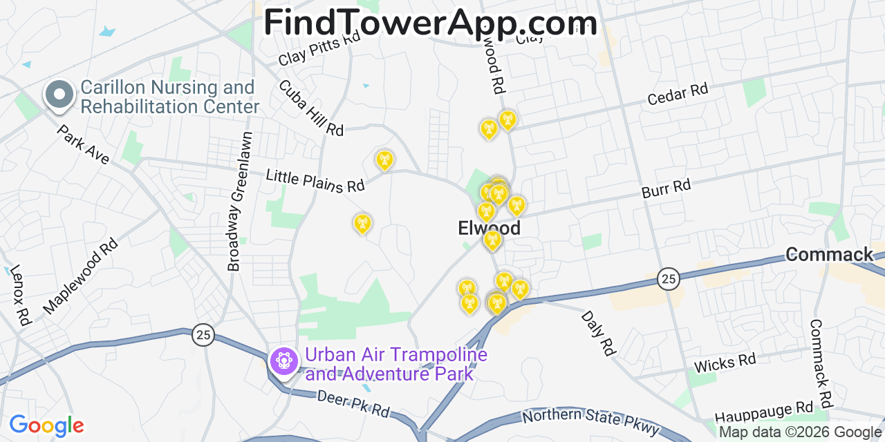 Map showing the 20 primary cell tower locations detected in Elwood, New York from AT&T, Verizon, and T-Mobile networks
