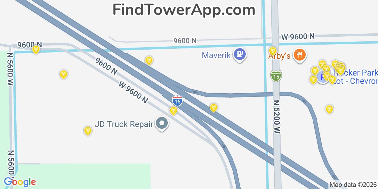 Map showing the 20 primary cell tower locations detected in Elwood, Utah from AT&T, Verizon, and T-Mobile networks