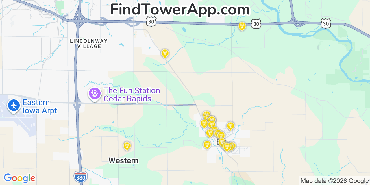 Map showing the 20 primary cell tower locations detected in Ely, Iowa from AT&T, Verizon, and T-Mobile networks