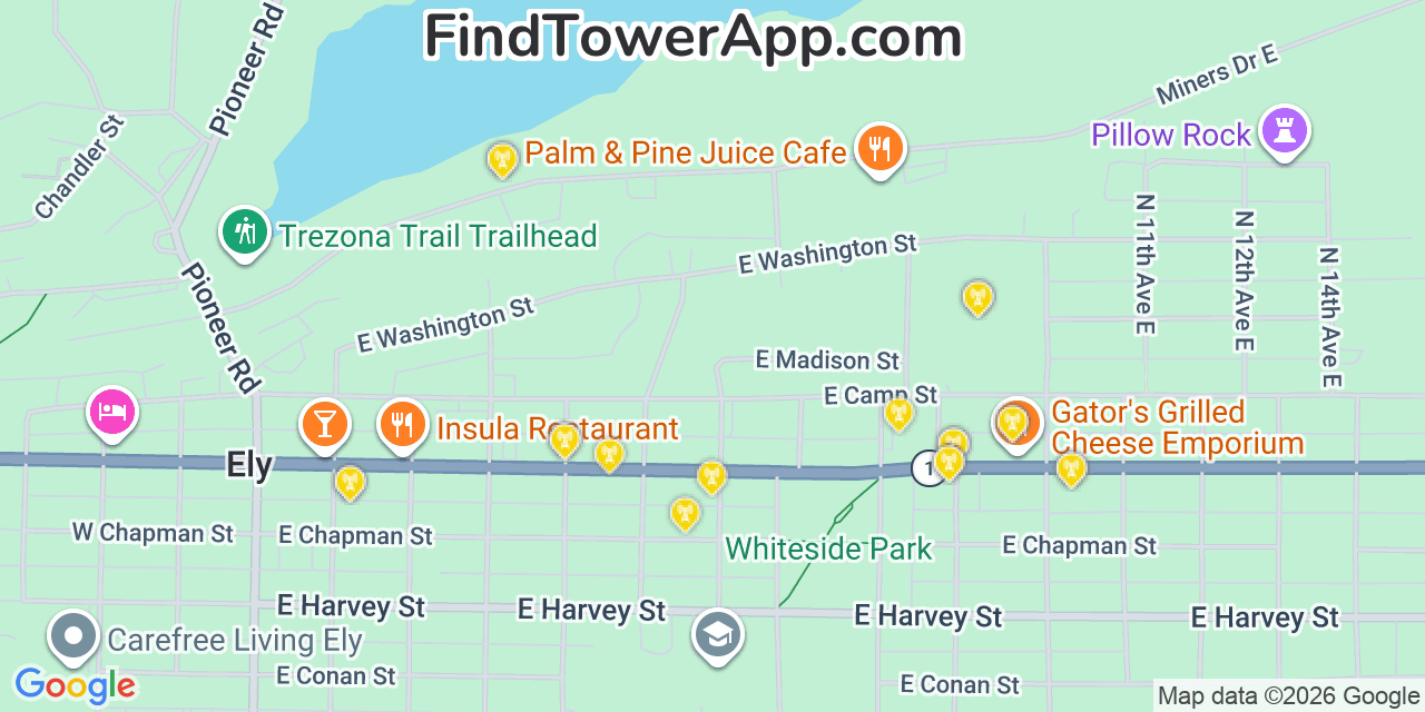 Map showing the 20 primary cell tower locations detected in Ely, Minnesota from AT&T, Verizon, and T-Mobile networks