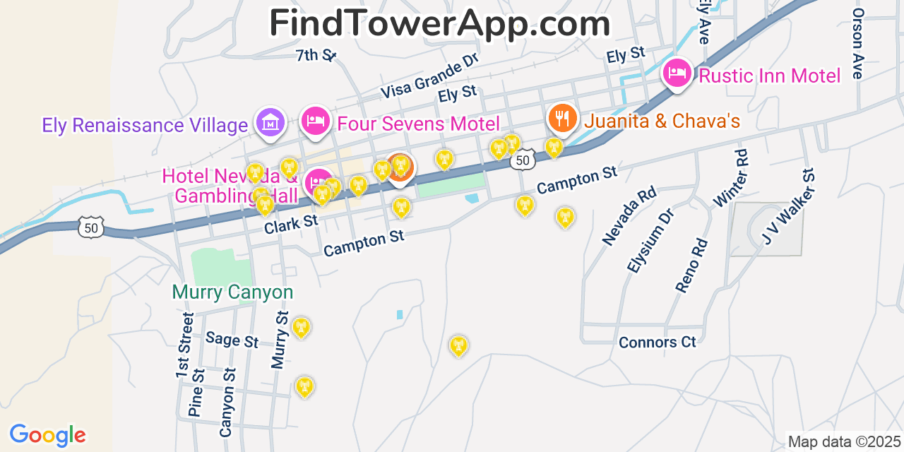 Map showing the 20 primary cell tower locations detected in Ely, Nevada from AT&T, Verizon, and T-Mobile networks