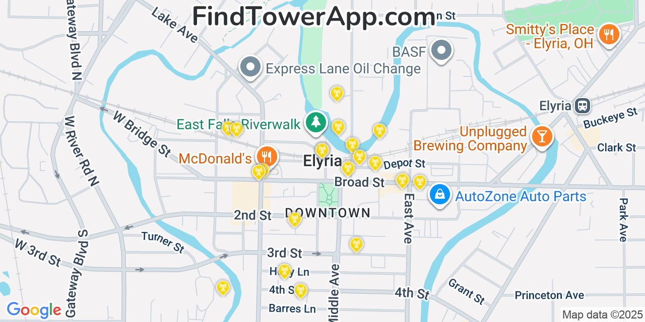 Map showing the 20 primary cell tower locations detected in Elyria, Ohio from AT&T, Verizon, and T-Mobile networks