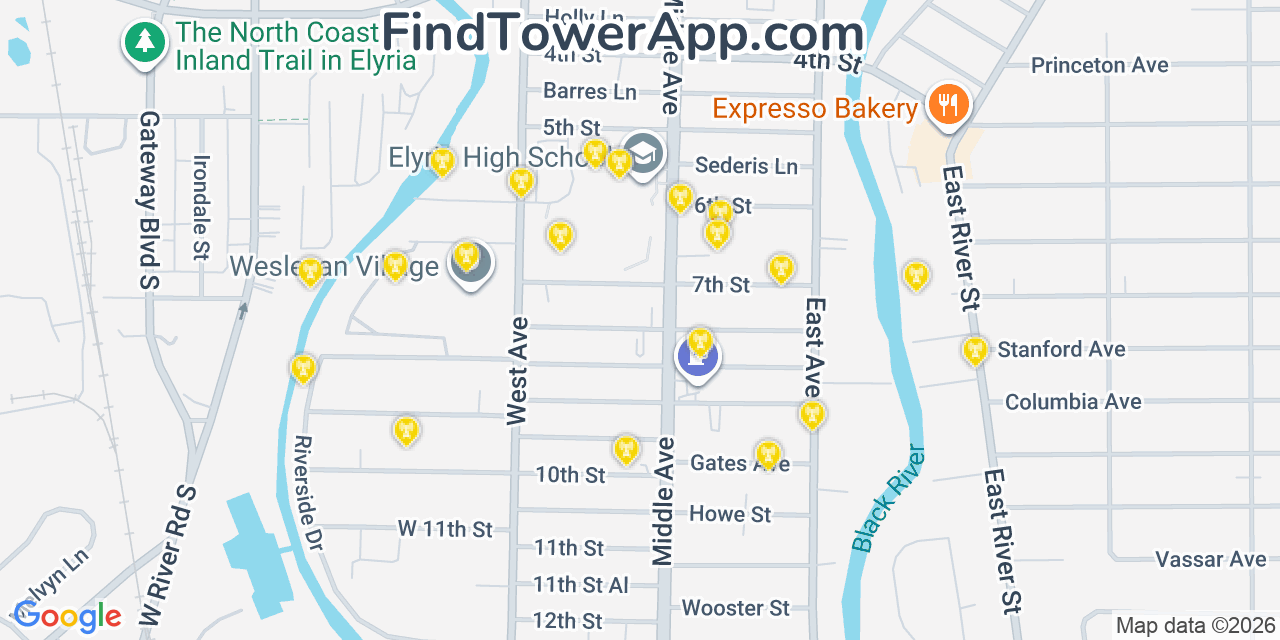 Map showing the 20 primary cell tower locations detected in Elyria, Ohio from AT&T, Verizon, and T-Mobile networks
