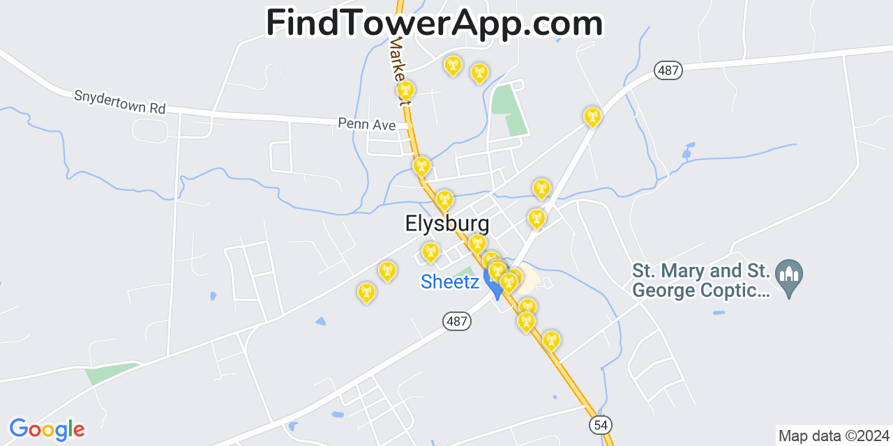 AT&T 4G/5G cell tower coverage map Elysburg, Pennsylvania