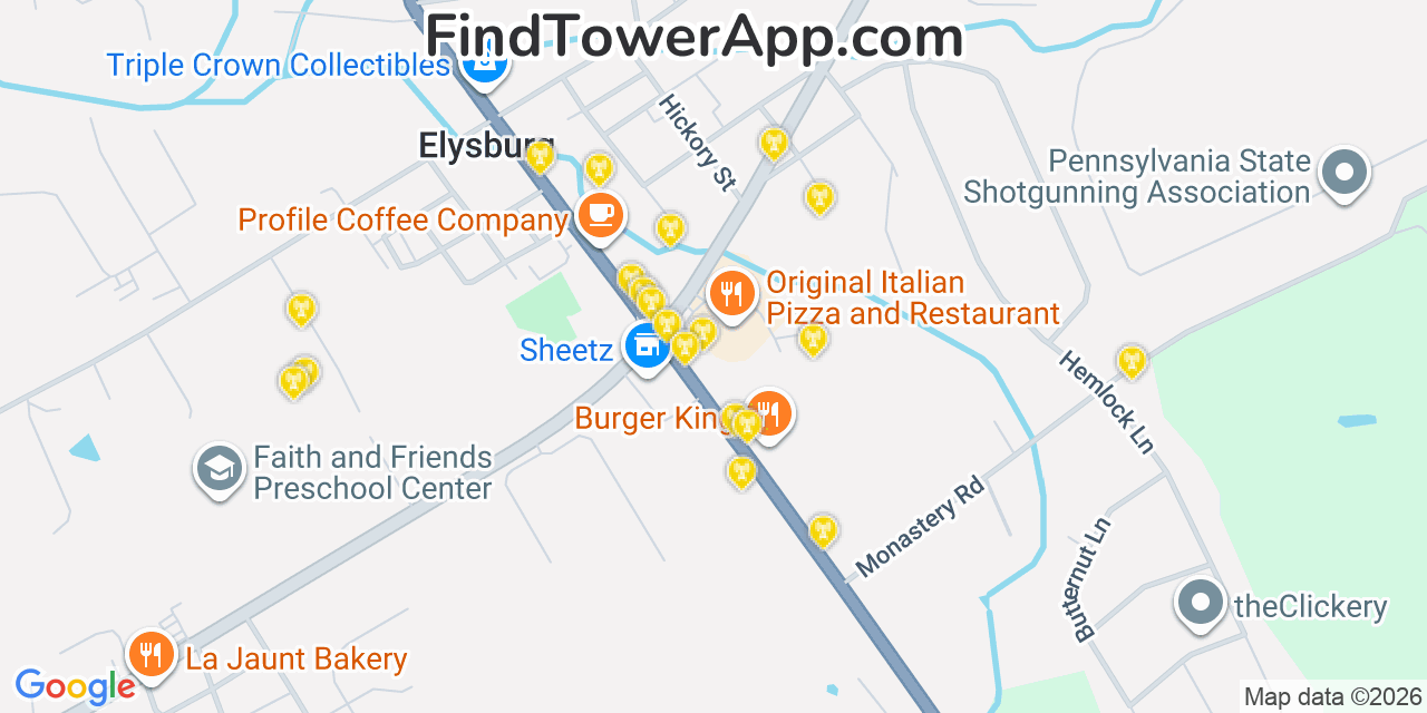 Map showing the 20 primary cell tower locations detected in Elysburg, Pennsylvania from AT&T, Verizon, and T-Mobile networks