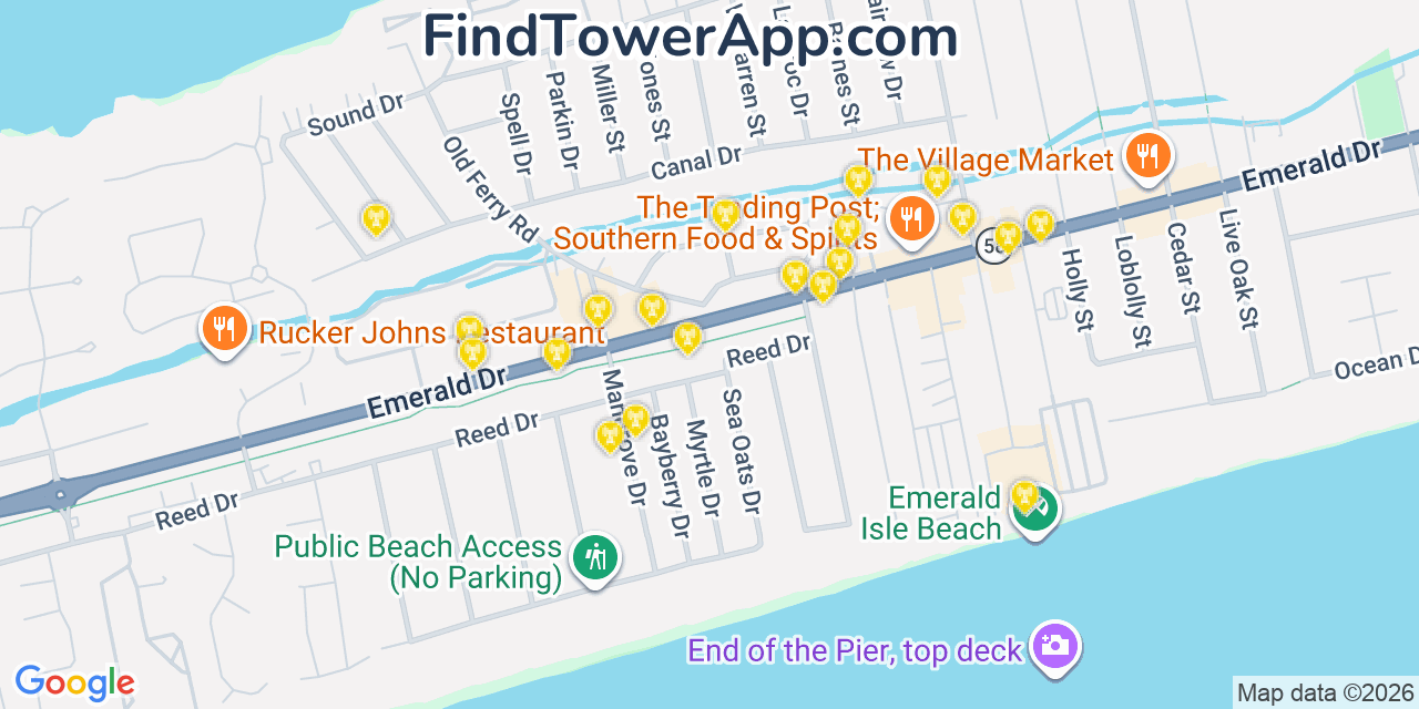 Map showing the 20 primary cell tower locations detected in Emerald Isle, North Carolina from AT&T, Verizon, and T-Mobile networks