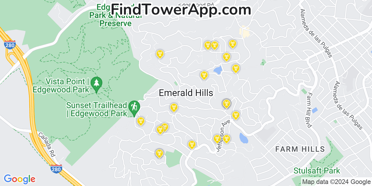 AT&T 4G/5G cell tower coverage map Emerald Lake Hills, California