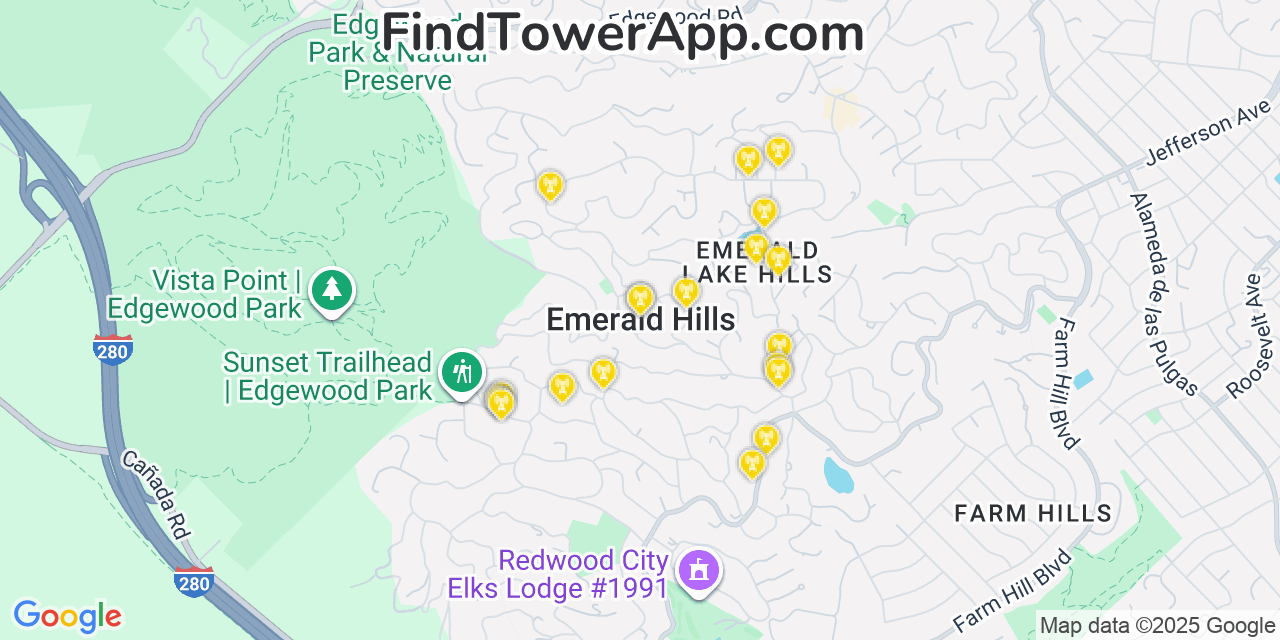 Map showing the 20 primary cell tower locations detected in Emerald Lake Hills, California from AT&T, Verizon, and T-Mobile networks