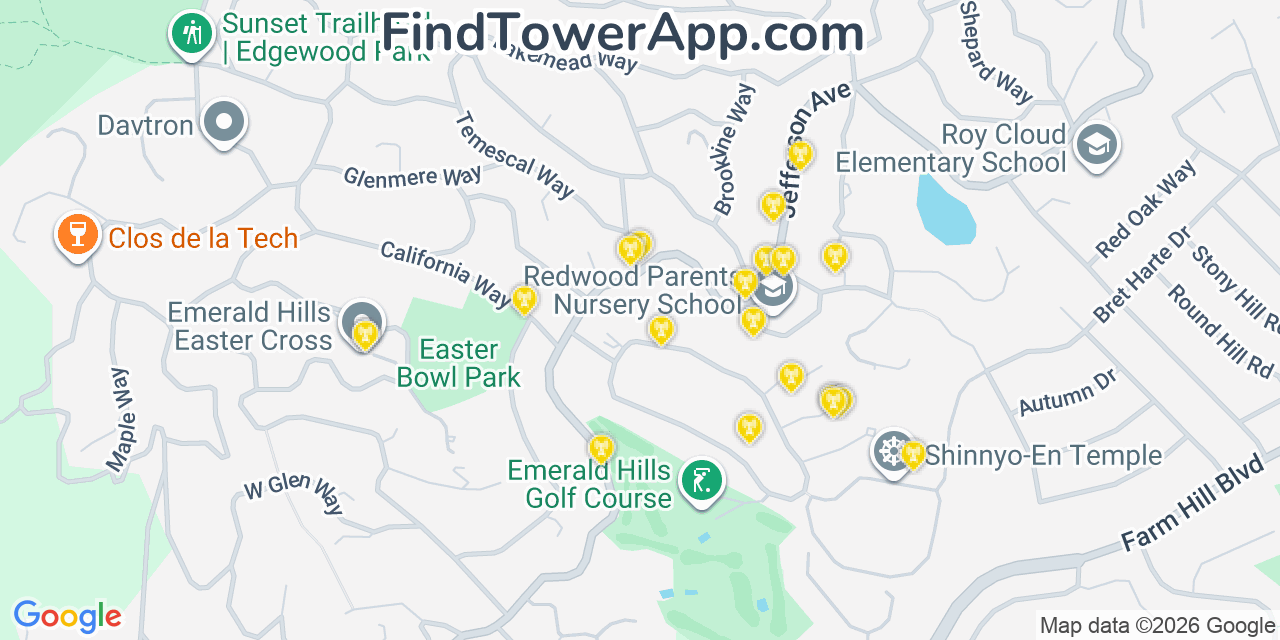Map showing the 20 primary cell tower locations detected in Emerald Lake Hills, California from AT&T, Verizon, and T-Mobile networks