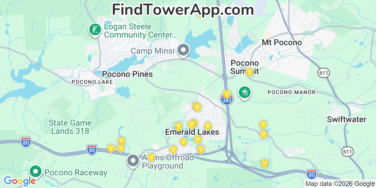 Map showing the 20 primary cell tower locations detected in Emerald Lakes, Pennsylvania from AT&T, Verizon, and T-Mobile networks