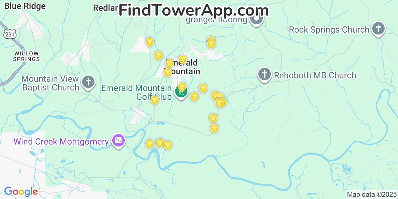 Map showing the 20 primary cell tower locations detected in Emerald Mountain, Alabama from AT&T, Verizon, and T-Mobile networks