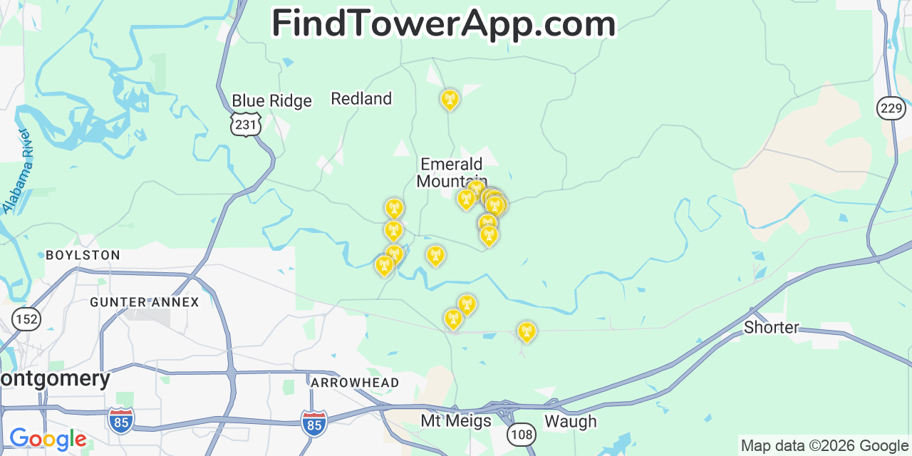 Map showing the 20 primary cell tower locations detected in Emerald Mountain, Alabama from AT&T, Verizon, and T-Mobile networks
