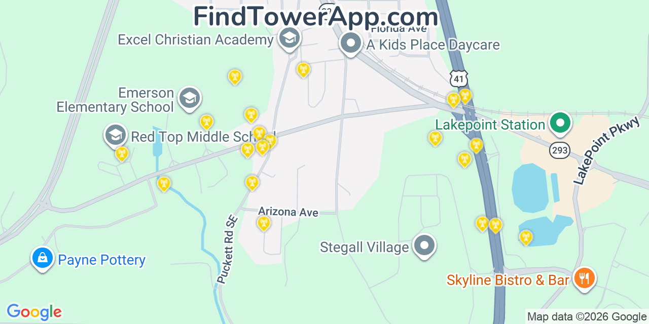 Map showing the 20 primary cell tower locations detected in Emerson, Georgia from AT&T, Verizon, and T-Mobile networks