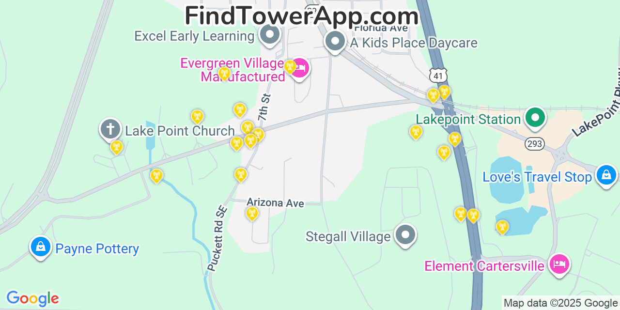 Map showing the 20 primary Mobitel cell tower locations detected in Emerson, Georgia with coverage radius and signal strength indicators