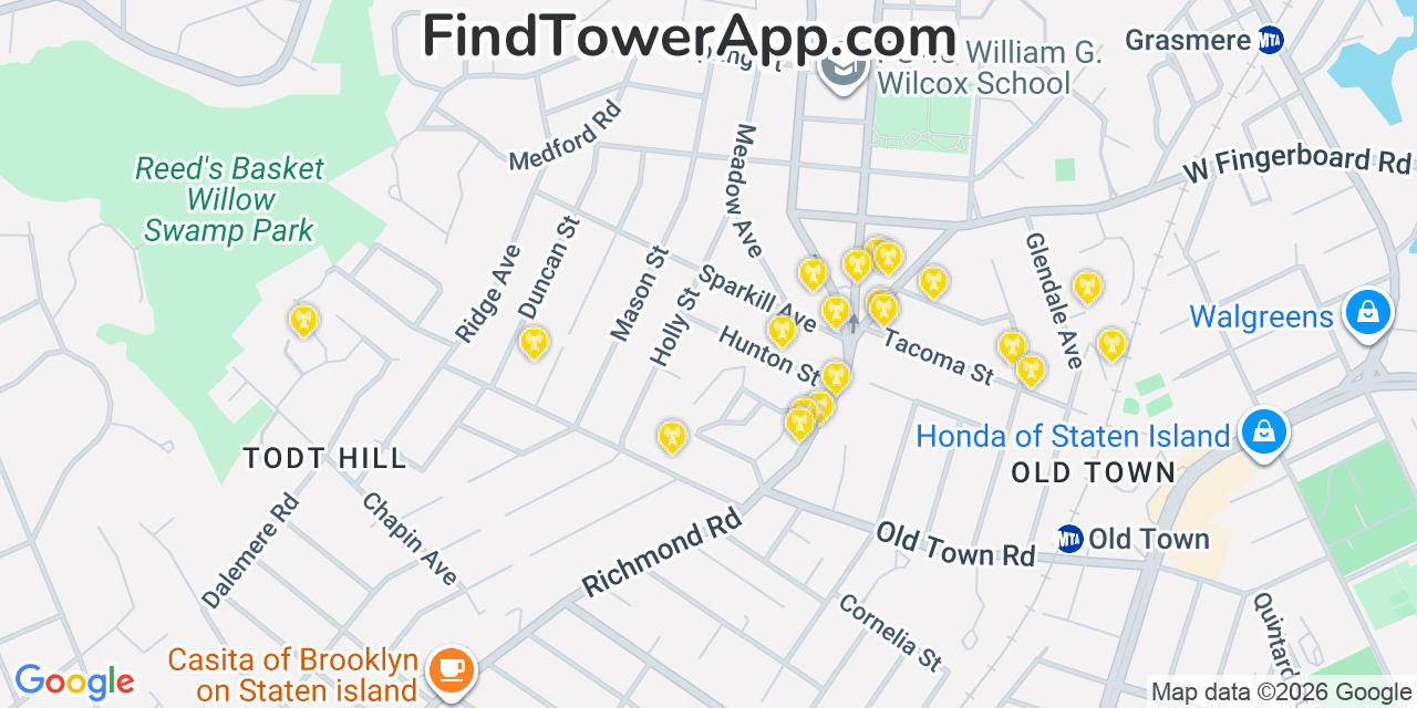 Map showing the 20 primary cell tower locations detected in Emerson Hill, New York from AT&T, Verizon, and T-Mobile networks