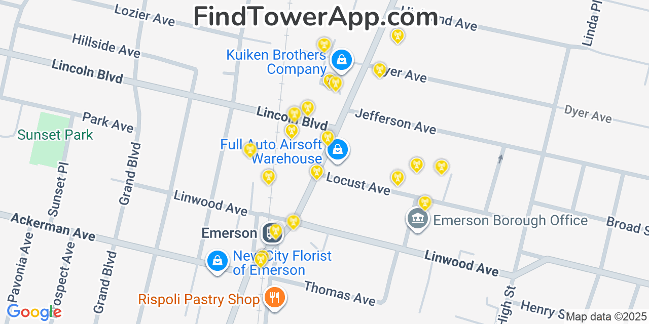 Map showing the 20 primary cell tower locations detected in Emerson, New Jersey from AT&T, Verizon, and T-Mobile networks
