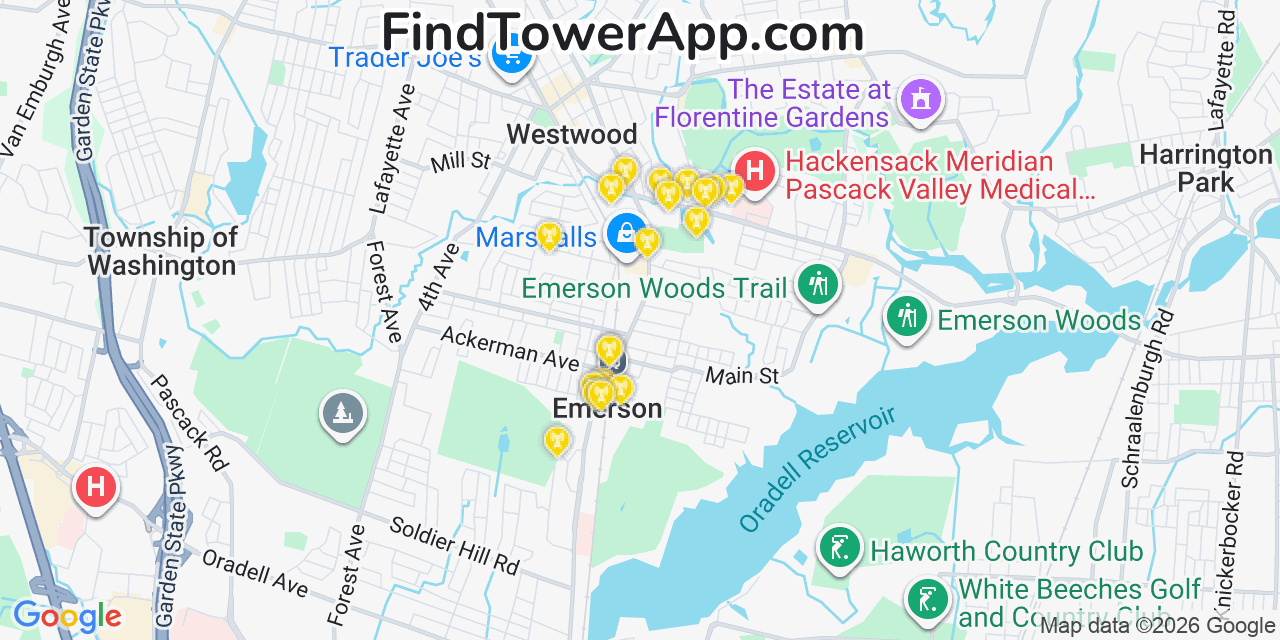 Map showing the 20 primary cell tower locations detected in Emerson, New Jersey from AT&T, Verizon, and T-Mobile networks