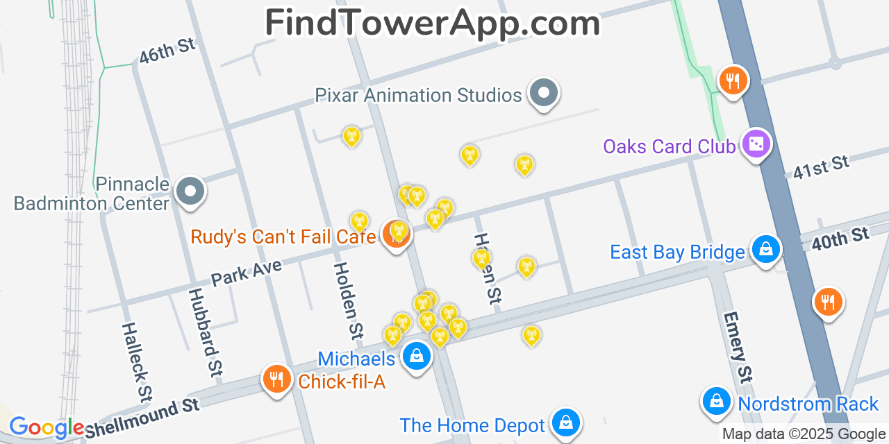 Map showing the 20 primary cell tower locations detected in Emeryville, California from AT&T, Verizon, and T-Mobile networks