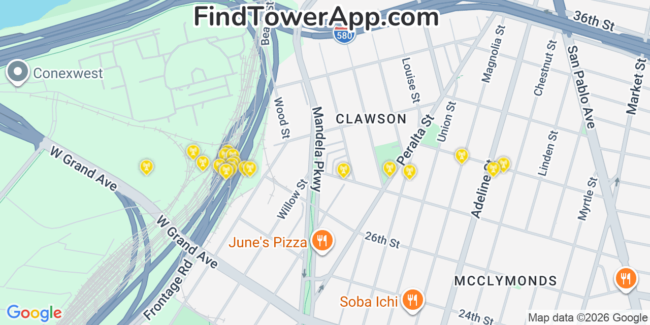 Map showing the 20 primary cell tower locations detected in Emeryville, California from AT&T, Verizon, and T-Mobile networks