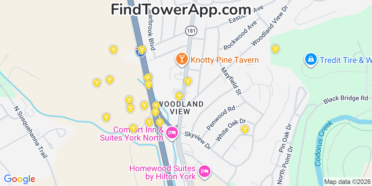 Map showing the 20 primary cell tower locations detected in Emigsville, Pennsylvania from AT&T, Verizon, and T-Mobile networks