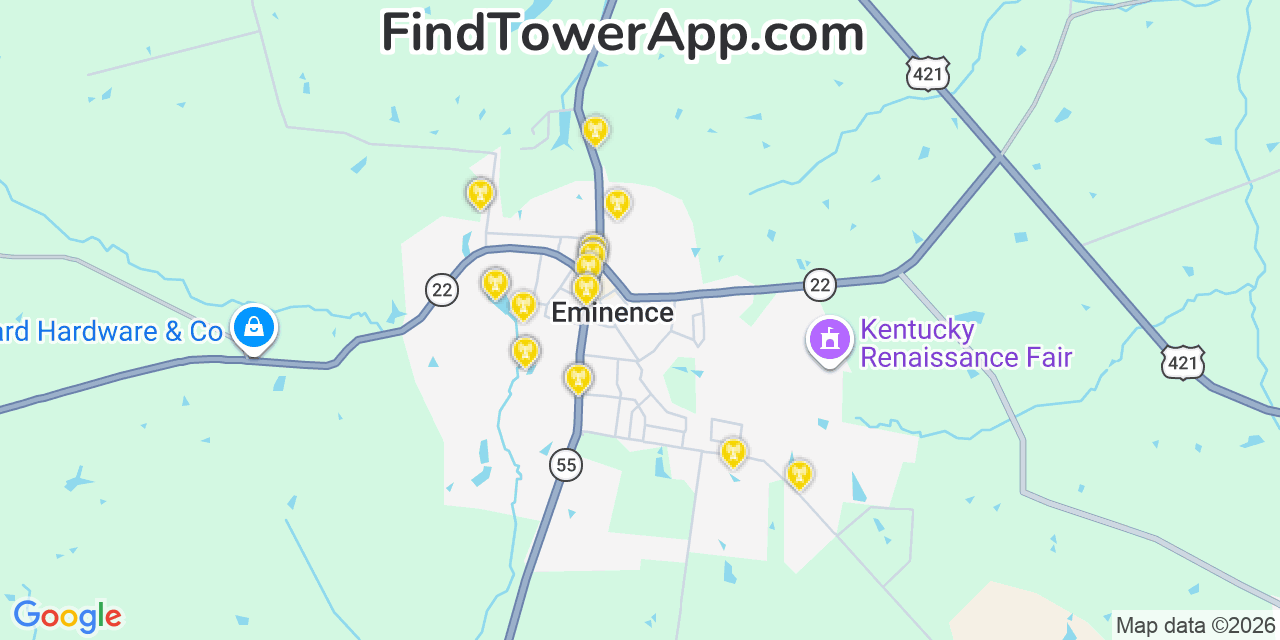 Map showing the 20 primary cell tower locations detected in Eminence, Kentucky from AT&T, Verizon, and T-Mobile networks
