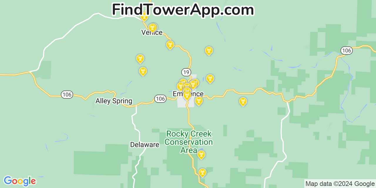 AT&T 4G/5G cell tower coverage map Eminence, Missouri