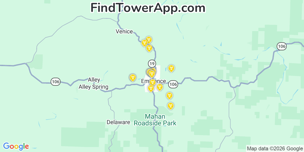 Map showing the 20 primary cell tower locations detected in Eminence, Missouri from AT&T, Verizon, and T-Mobile networks