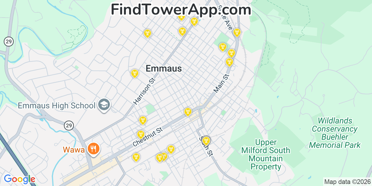 Map showing the 20 primary cell tower locations detected in Emmaus, Pennsylvania from AT&T, Verizon, and T-Mobile networks