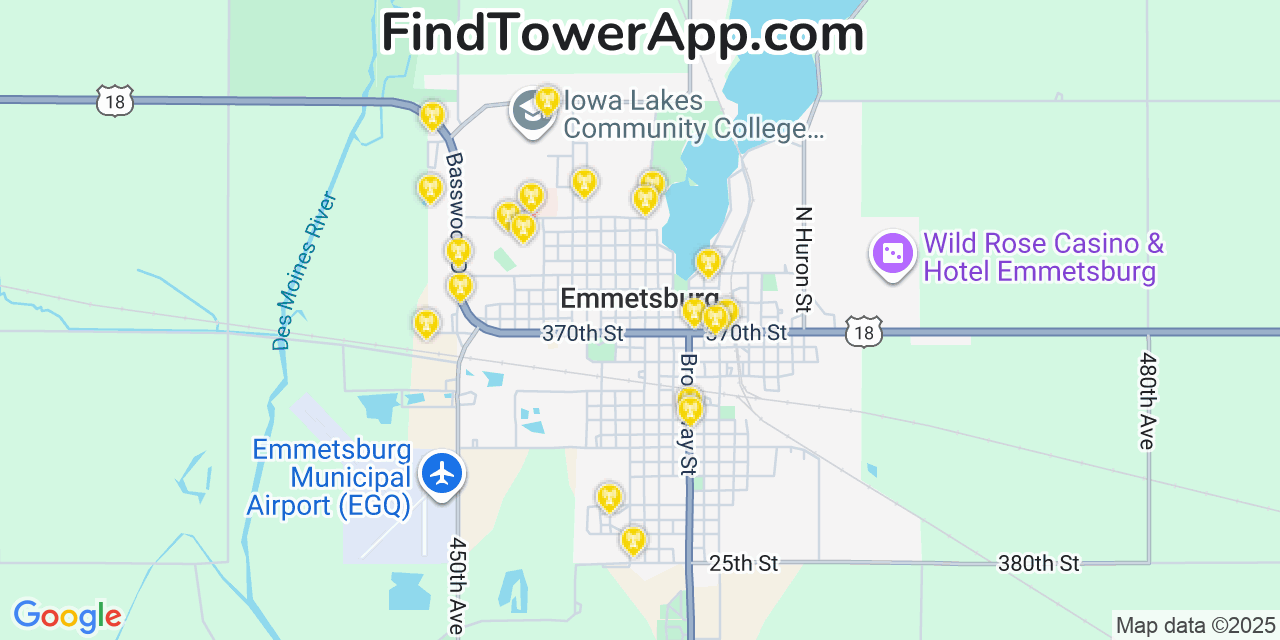 Map showing the 20 primary cell tower locations detected in Emmetsburg, Iowa from AT&T, Verizon, and T-Mobile networks