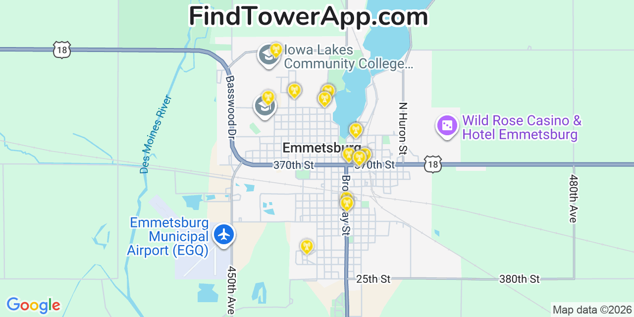 Map showing the 20 primary cell tower locations detected in Emmetsburg, Iowa from AT&T, Verizon, and T-Mobile networks