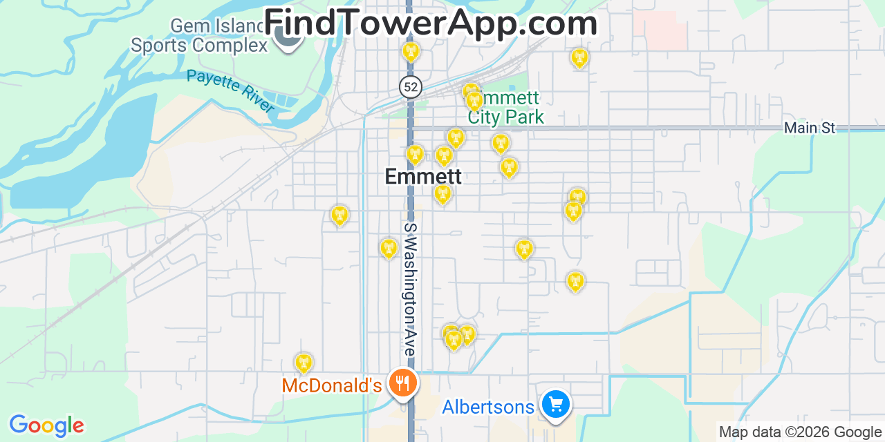 Map showing the 20 primary cell tower locations detected in Emmett, Idaho from AT&T, Verizon, and T-Mobile networks
