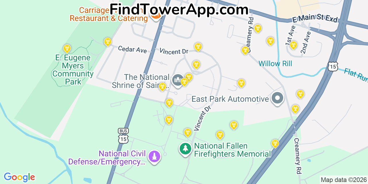 Map showing the 20 primary cell tower locations detected in Emmitsburg, Maryland from AT&T, Verizon, and T-Mobile networks