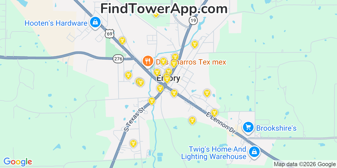 Map showing the 20 primary cell tower locations detected in Emory, Texas from AT&T, Verizon, and T-Mobile networks