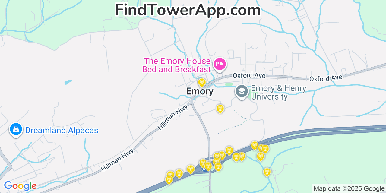 Map showing the 20 primary cell tower locations detected in Emory, Virginia from AT&T, Verizon, and T-Mobile networks