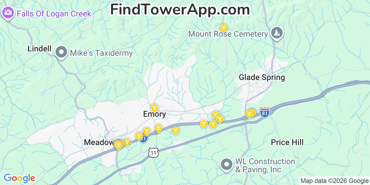 Map showing the 20 primary cell tower locations detected in Emory, Virginia from AT&T, Verizon, and T-Mobile networks