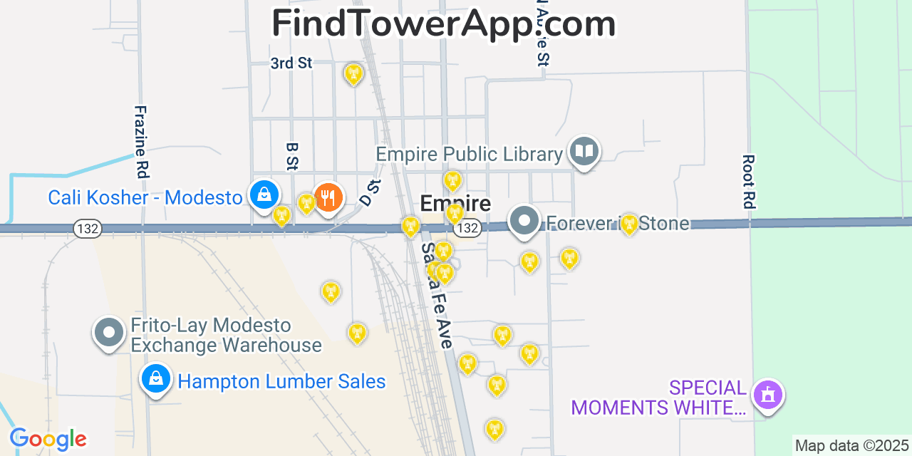 Map showing the 20 primary cell tower locations detected in Empire, California from AT&T, Verizon, and T-Mobile networks