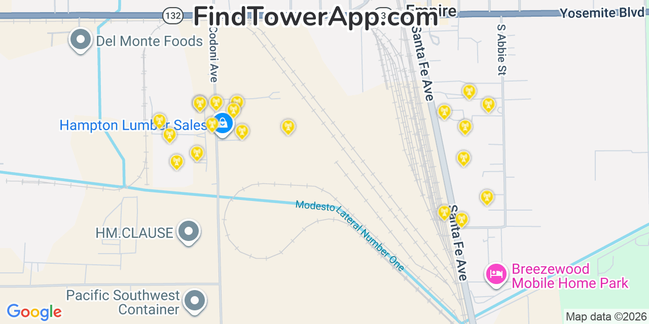 Map showing the 20 primary cell tower locations detected in Empire, California from AT&T, Verizon, and T-Mobile networks