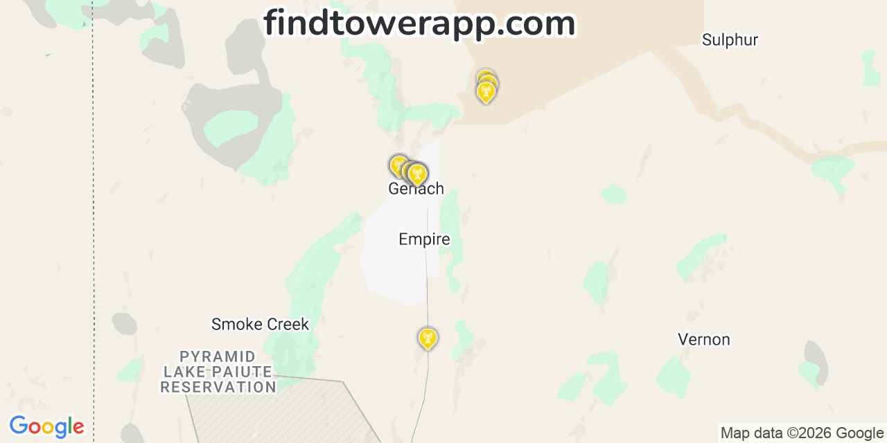 Map showing the 23 primary AT&T cell tower locations detected in Empire, Nevada with coverage radius and signal strength indicators
