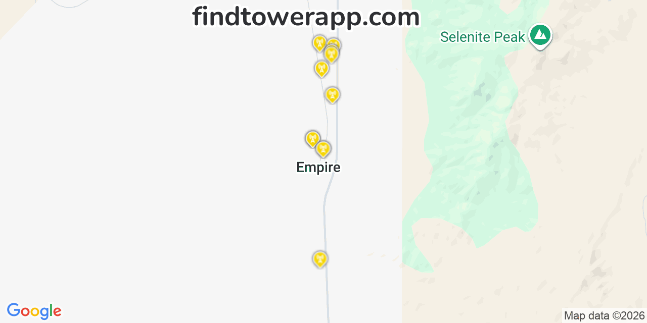 Map showing the 20 primary cell tower locations detected in Empire, Nevada from AT&T, Verizon, and T-Mobile networks