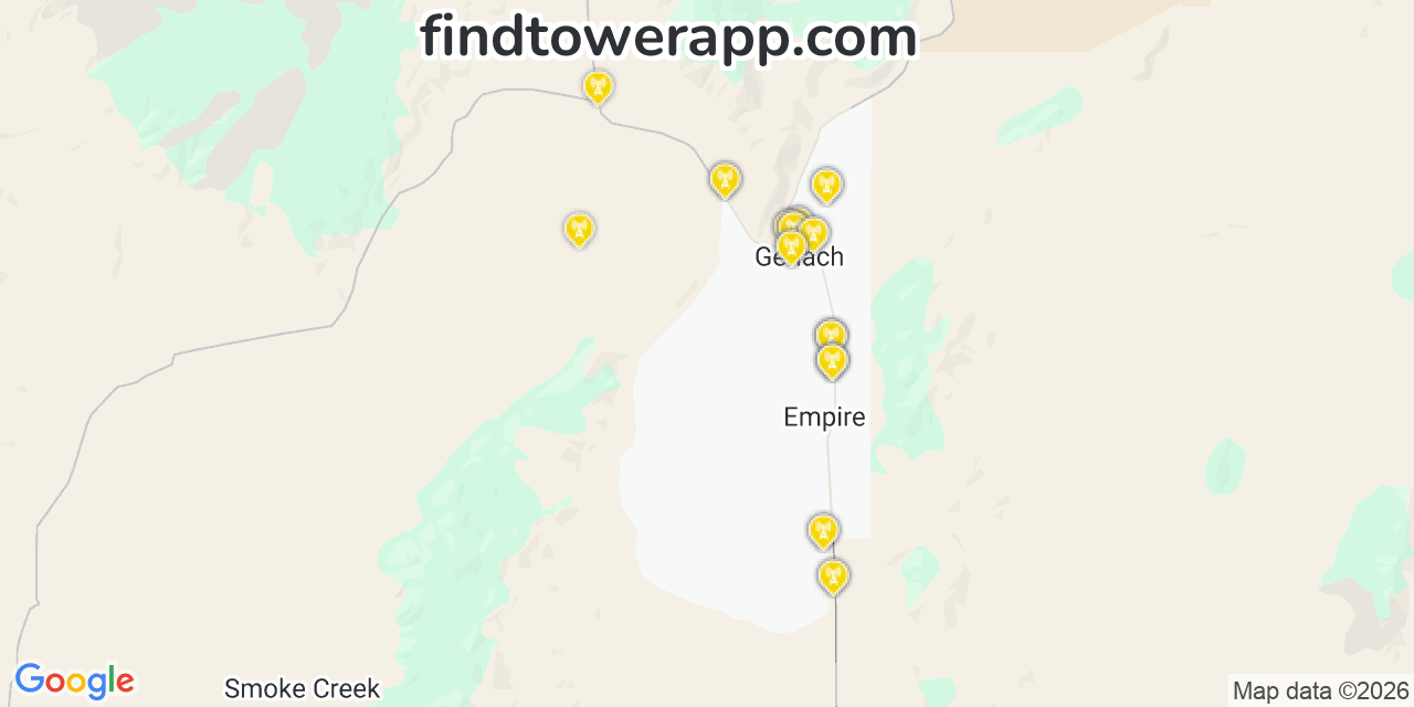 Map showing the 26 primary T-Mobile cell tower locations detected in Empire, Nevada with coverage radius and signal strength indicators