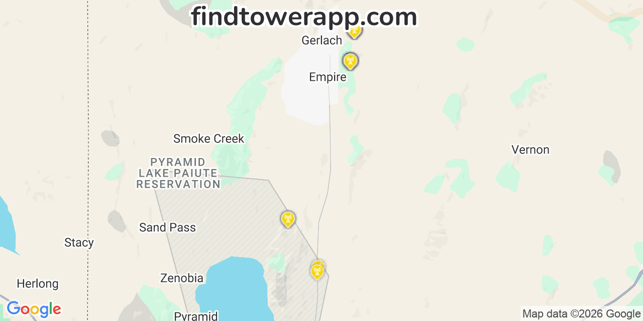 Map showing the 21 primary Verizon cell tower locations detected in Empire, Nevada with coverage radius and signal strength indicators